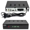 The image shows the back and front of a black satellite receiver. The back shows various ports and connections, while the front displays a digital screen and indicator lights. A power cord is also visible. Produktbild-Vorschau