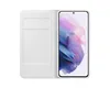A white flip case for a smartphone is shown open, with the smartphone screen displaying a colorful abstract image. Produktbild-Vorschau