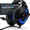 A close-up marketing image of a black gaming headset with blue LED accents, featuring a text overlay describing its features. Náhled obrázku produktu