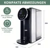 A collage of images showing a hot water dispenser with dimensions and features highlighted. Produktbild-Vorschau