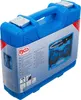 A blue plastic tool case containing a set of piston ring compressors, presented with its packaging. Voir les images du produit