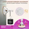 A product image showcasing a strong suction cup with a weight attached, demonstrating its holding power and 360-degree rotation feature. It includes text highlighting its performance and usability. Produktbild-Vorschau