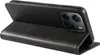 A black leather flip case for a smartphone is shown from a side angle, with the phone inserted and the cover open. Produktbild-Vorschau