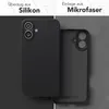 A split image showing the exterior and interior of a black phone case. Produktbild-Vorschau