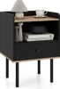 A black nightstand with a wooden shelf, drawer, and metal legs, displayed against a white background. Náhled obrázku produktu