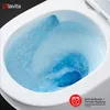 A close-up view of a toilet bowl with water swirling, demonstrating the flushing system. The brand logo is visible in the top left corner, and a promotional graphic with text is in the bottom right. Produktbild-Vorschau
