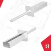 Two white metal fence post bases with rebar anchors are shown against a blueprint background. Produktbild-Vorschau