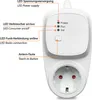A close-up view of a white smart plug with labels and indicators pointing to different parts. Produktbild-Vorschau
