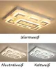 A collage of images showing a modern LED ceiling light in different color temperatures. Produktbild-Vorschau