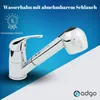 A chrome faucet with a pull-out hose is shown against a blue and white background, with text and a badge. Anteprima dell’immagine prodotto