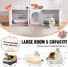A white wooden cat litter box enclosure with cats and litter boxes shown in different configurations. Produktbild-Vorschau