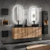 A modern bathroom vanity with two sinks and mirrors, featuring wooden cabinets and black accents. Produktbild-Vorschau