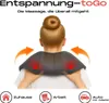 A person wearing a neck and shoulder massager, with arrows indicating its use in different locations. Produktbild-Vorschau