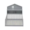 A gray wooden children's bed with a house-shaped headboard and a slatted base, presented against a white background. Náhled obrázku produktu