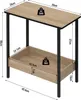 A wooden side table with a metal frame, displayed with dimensions and weight limits. Produktbild-Vorschau