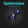 A pair of black wireless earbuds with blue glowing accents, set against a dark background. Produktbild-Vorschau