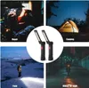 Collage of images showing the LED work light in different scenarios: repair, camping, field, and biking at night. A central image shows two of the work lights. Produktbild-Vorschau