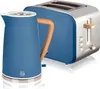 A blue electric kettle and a blue toaster with wood accents are displayed together on a white background. Produktbild-Vorschau