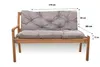 A wooden garden bench with gray cushions, shown with dimensions indicated by text overlays. Produktbild-Vorschau