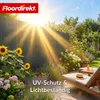 A sunny garden scene with a fence, flowers, and a lounge chair. Produktbild-Vorschau