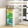 A narrow shelving unit with multiple compartments, designed for storage in a kitchen or similar space. Text overlays indicate potential uses for the shelves. Produktbild-Vorschau