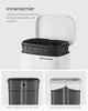 A white kitchen trash can with an open lid, showing the removable inner bucket and text describing its features. Below are two close-up shots of the inner bucket, demonstrating how to secure a trash bag. Produktbild-Vorschau