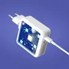 A white power adapter with a transparent section showing internal circuitry, connected to a white cable, against a purple background. Produktbild-Vorschau