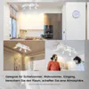 Collage of images showing a white LED ceiling light in different settings, including a kitchen and a living room, with people interacting in one panel. Produktbild-Vorschau