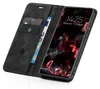 A black flip case for a smartphone, open to reveal card slots and a phone screen displaying the time and date. Produktbild-Vorschau