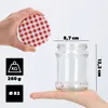 A hand holding a red and white checkered lid above a glass jar, with dimensions and weight information displayed. Anteprima dell’immagine prodotto