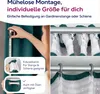A collage of images showing how to measure and attach curtains, with text overlays explaining features. Produktbild-Vorschau