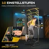 A woman is using a power tower dip station in a gym-like setting, with various text overlays highlighting product features and dimensions. Produktbild-Vorschau
