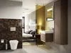 A modern bathroom integrated into a bedroom, featuring a toilet and sink area separated by a glass partition. Anteprima dell’immagine prodotto