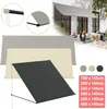 A collage of images showing different sizes and colors of awnings, with a lifestyle shot of an awning installed on a building.