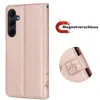 A rose gold flip phone case is shown with a close-up detail of the closure and a graphic indicating a magnetic closure. Produktbild-Vorschau