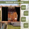 Outdoor curtains hanging on a pergola, with text overlays describing features. Náhled obrázku produktu