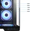 Close-up view of the front panel of a computer case, highlighting the I/O ports and RGB lighting on the fans. Produktbild-Vorschau