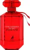 A red glass perfume bottle with a red cap and a red ribbon tied around the neck. Produktbild-Vorschau
