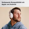 A man wearing white headphones against a light beige background. Produktbild-Vorschau