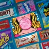 A collage of various American candies and snacks arranged on a blue background. Produktbild-Vorschau