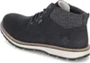 A side view of a black men's boot with laces and a gray fabric collar. Produktbild-Vorschau