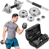 A man is shown lifting dumbbells as part of a workout, with various dumbbell components and a carrying case displayed around him. Náhled obrázku produktu