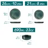Diagrams showing the dimensions of plates and a bowl, with measurements in both inches and centimeters. Voir les images du produit
