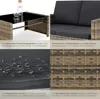 A collage of four images showcasing details of a rattan lounge set, including a coffee table, sofa, cushion detail, and rattan weave. Náhled obrázku produktu