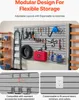 A garage wall with a modular storage system displaying various tools and accessories, with close-up insets showing compatibility and customization options. Náhled obrázku produktu