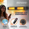 A woman is holding a smartphone, looking at a wall-mounted infrared heater. The image highlights features like app control, remote control, and an on/off switch. Produktbild-Vorschau