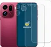 A pink smartphone with a camera array is shown next to two clear screen protectors. Produktbild-Vorschau
