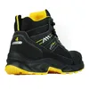 A single black work boot with yellow accents, shown from a rear-side angle against a white background. Produktbild-Vorschau