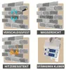 Vierfeld-Collage mit grauen Ziegelwandplatten, die Abriebfestigkeit, Wasserdichtigkeit, Hitzebeständigkeit und starken Klebstoff demonstrieren Náhled obrázku produktu