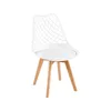A white dining chair with a lattice back and wooden legs is shown against a white background. Náhled obrázku produktu